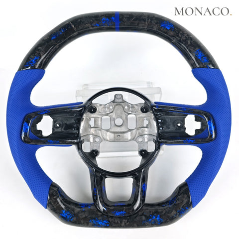 Custom carbon fiber steering wheel for Jeep Wrangler JL Gladiator Cherokee (2018–2024): Leather Blue Powder Forged Carbon