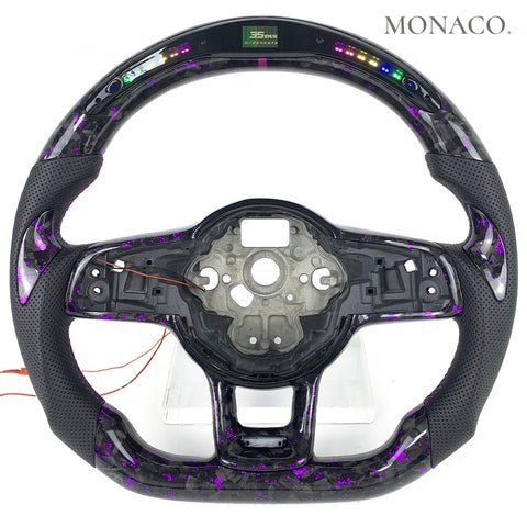 Custom carbon fiber steering wheel for Volkswagen Golf GTI Mk6 Mk7 (2010–2021): LED Purple Powder Forged Carbon
