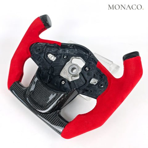 Custom carbon fiber steering wheel for Toyota Supra A90 B58 (2020–2025): Red Suede Carbon