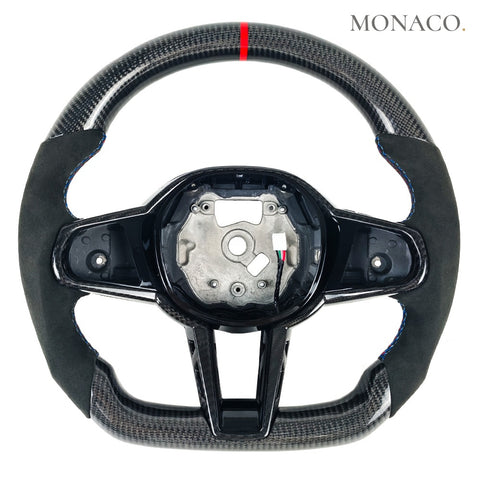 Custom carbon fiber steering wheel for BMW 3 Series G20-G28-G29, 5 Series G30-G32-G38, 7 Series G11-G12, X3-X6 G05-G01-G02, M2-M3-M4-M5 (2015–2023): Black Alcantara Leather