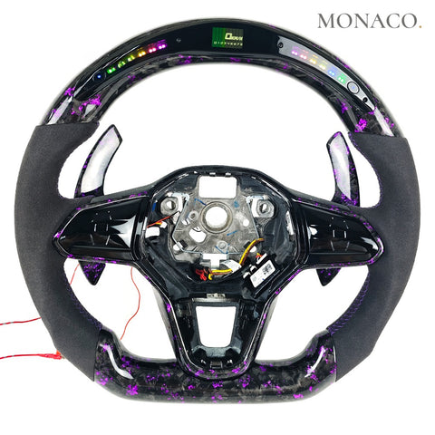 Custom carbon fiber steering wheel for Volkswagen Golf GTI R GTD GTE Mk8 (2022–2024): LED Purple Powder Forged Carbon