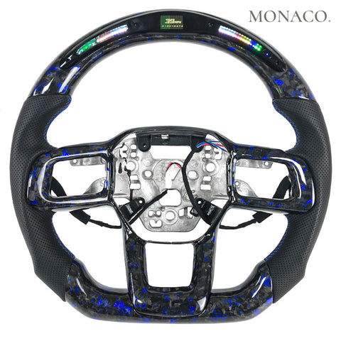Custom carbon fiber steering wheel for Ford Mustang S650 (2024–2025): Perforated Leather LED Blue Forged Carbon