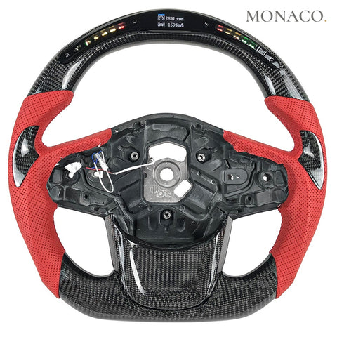 Custom carbon fiber steering wheel for Toyota Supra GR A90 (2020–2025): Red Perforated Leather LED Carbon