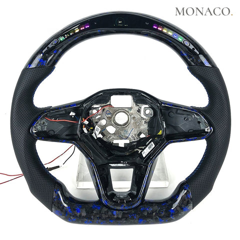 Custom carbon fiber steering wheel for Volkswagen Golf Mk7 Mk7.5 Mk8 (2015–2024): Perforated Leather LED Blue Forged Carbon