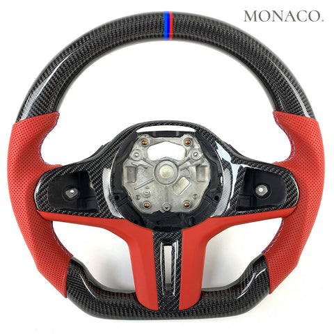 Custom carbon fiber steering wheel for BMW 3 Series G20, 5 Series G30, 4 Series G22 (2019–2026): Red Perforated Leather
