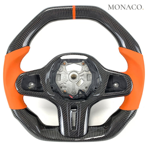 Custom carbon fiber steering wheel for BMW 3 Series G20, 5 Series G30, M3 G80, M4 G82, 2 Series G42 (2019–2026): Orange Smooth Leather