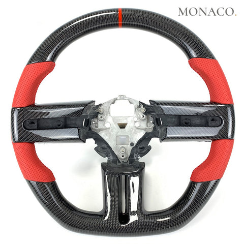 Custom carbon fiber steering wheel for Ford Mustang S197 (2005–2009): Red Perforated Leather Carbon