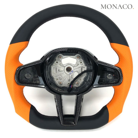 Custom carbon fiber steering wheel for BMW 3 Series G20, 5 Series G30, M2, M3, M4, X3, X5 (2019–2026): Orange Perforated Leather