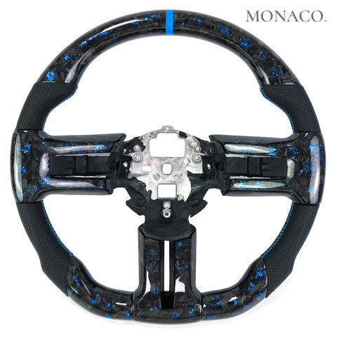 Custom carbon fiber steering wheel for Ford Mustang (2008–2013): Black Perforated Leather Light Blue Forged Carbon