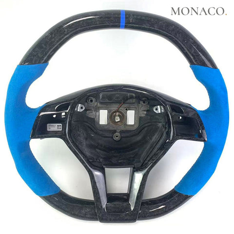 Custom carbon fiber steering wheel for Mercedes-Benz AMG C-Class W204, C63, W212 (2007–2014): Blue Suede Leather