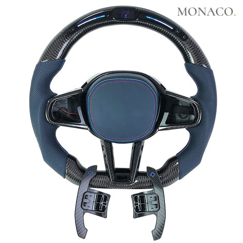 Custom carbon fiber steering wheel for BMW M3 G80, M2 G87, M340i, M240i, 5 Series G30 (2019–2026): Blue Leather
