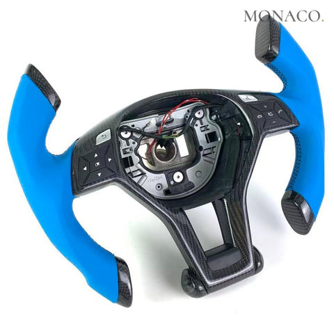Custom carbon fiber steering wheel for Mercedes-Benz AMG CLS63 E63 C-Class W204 E-Class W212 W207 A-Class W176 G-Class W463 (2008–2018): Blue Smooth Leather Carbon