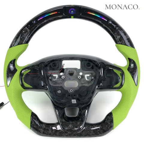 Custom carbon fiber steering wheel for Ford Focus RS (2016–2018): Green Perforated Leather LED Forged Carbon
