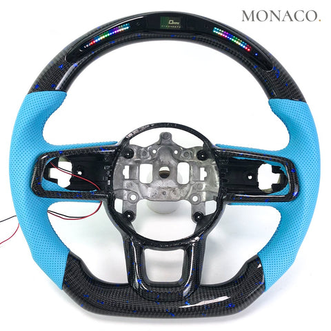 Custom carbon fiber steering wheel for Jeep Wrangler JL JK Gladiator (2020–2024): Blue Perforated Leather LED Carbon