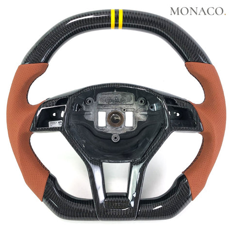 Custom carbon fiber steering wheel for Mercedes-Benz AMG C-Class W204 E-Class W212 CLS W218 (2012–2018): Brown Perforated Leather Carbon