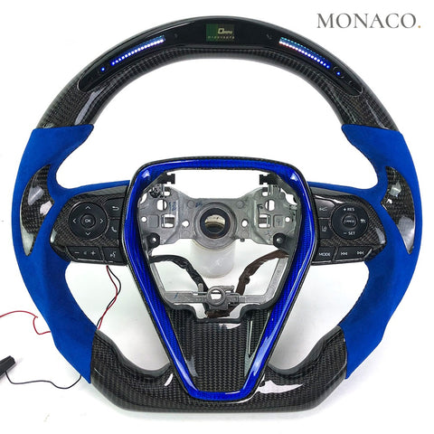 Custom carbon fiber steering wheel for Toyota Camry (2018–2023): Blue Suede LED Carbon