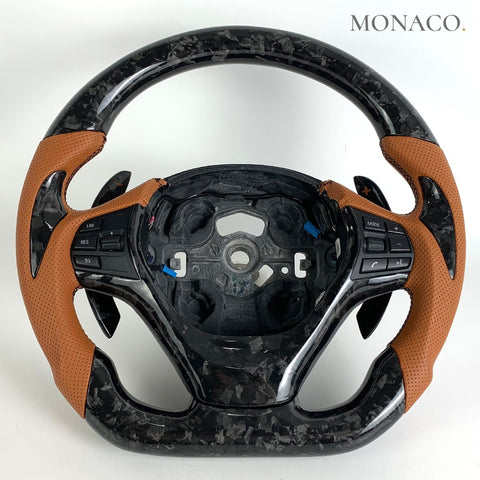 Custom carbon fiber steering wheel for BMW 3 Series F30, 4 Series F32 F36, 2 Series F22 (2012–2019): Tan Perforated Leather