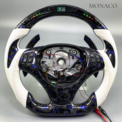 Custom carbon fiber steering wheel for BMW 3 Series E90 E92 E93 & M3, 1 Series E82 E87 (2006–2013): White Perforated Leather