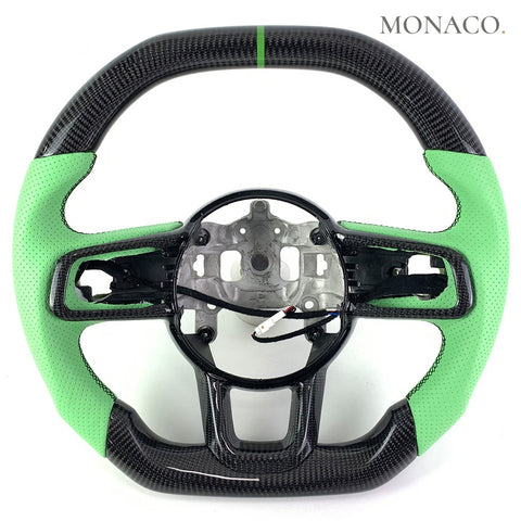 Custom carbon fiber steering wheel for Jeep Wrangler JL JK (2018–2023): Green Perforated Leather Carbon