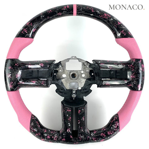 Custom carbon fiber steering wheel for Ford Mustang (2006–2011): Pink Perforated Leather Pink Powder Forged Carbon