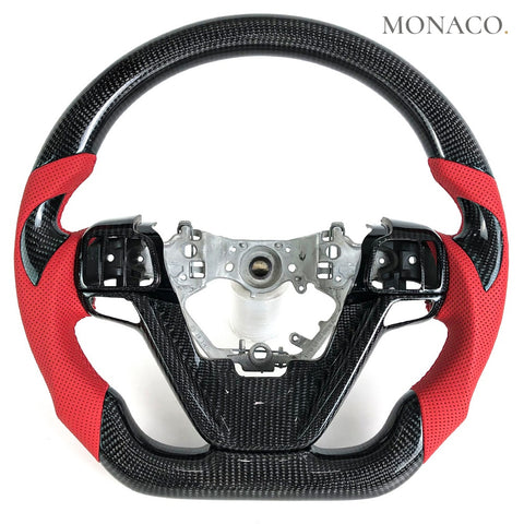 Custom carbon fiber steering wheel for Toyota Highlander (2014–2019): Red Perforated Leather Carbon