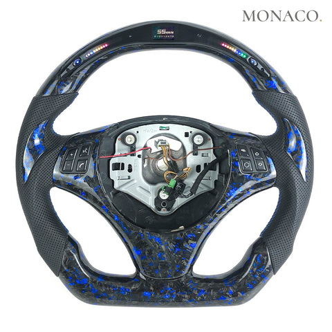 Custom carbon fiber steering wheel for BMW 3 Series E90 E92 E93, 1 Series E82 E87 (2006–2013): Blue Forged Carbon