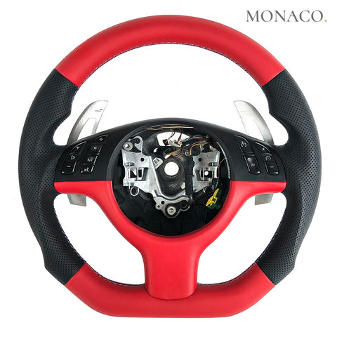 Custom carbon fiber steering wheel for BMW 3 Series E46 & M3, 5 Series E39, X5 E53 (1999–2006): Red Smooth Leather