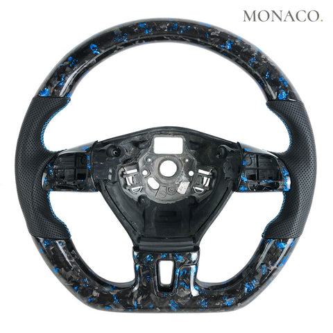 Custom carbon fiber steering wheel for Volkswagen Golf Mk6 Mk7 Jetta Passat CC Polo (2010–2017): Black Perforated Leather Blue Forged Carbon