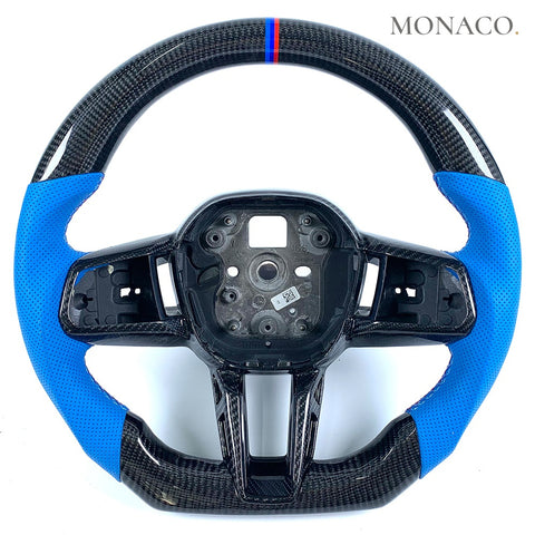 Custom carbon fiber steering wheel for BMW 3 Series G20, 5 Series G30, M3 G80, 7 Series G11 (2019–2026): Blue Perforated Leather