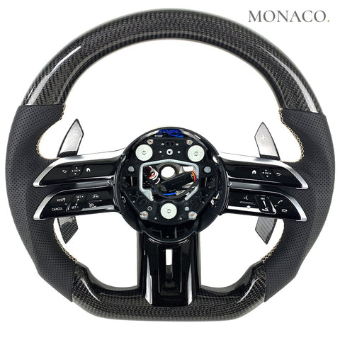 Custom carbon fiber steering wheel for Mercedes-Benz A35-A45, C63-C43, E53-E63, G63-G500-G55, GT, S63, GLE63, GLA45, W223 AMG (2018–2023): Gloss Carbon Fiber