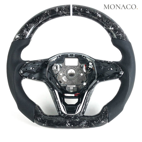 Custom carbon fiber steering wheel for Volkswagen Golf GTI Golf R Mk7.5 Mk8 (2018–2024): Black Perforated Leather Silver Forged Carbon
