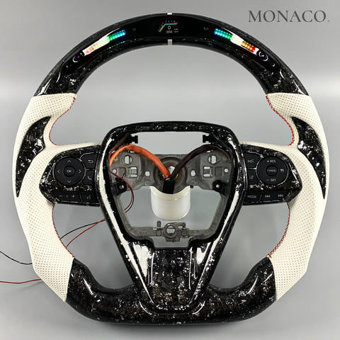 Custom carbon fiber steering wheel for Toyota Camry RAV4 Avalon (2018–2024): White Perforated Leather LED Forged Carbon