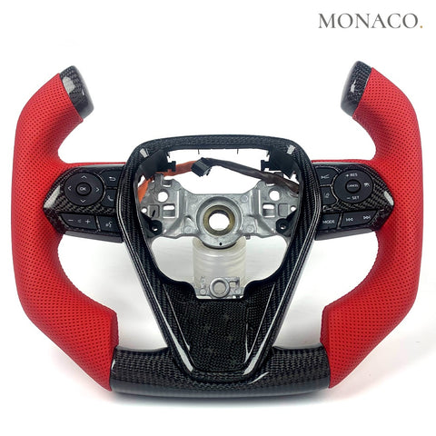Custom carbon fiber steering wheel for Toyota Camry RAV4 Avalon Corolla (2019–2024): Red Perforated Leather Carbon