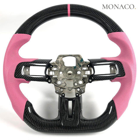 Custom carbon fiber steering wheel for Ford Mustang (2010–2016): Pink Perforated Leather Carbon