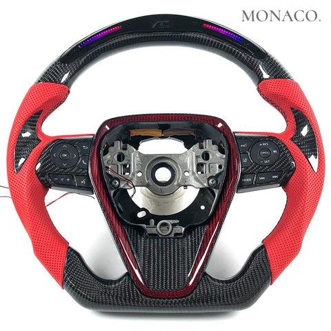 Custom carbon fiber steering wheel for Toyota Camry Corolla RAV4 (2019–2024): Red Perforated Leather LED Carbon
