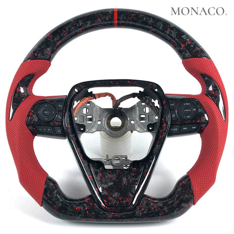 Custom carbon fiber steering wheel for Toyota Camry (2015–2024): Red Perforated Leather Red Powder Forged Carbon