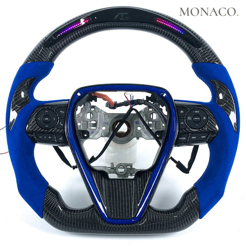 Custom carbon fiber steering wheel for Toyota Camry Corolla (2015–2023): Blue Suede LED Carbon