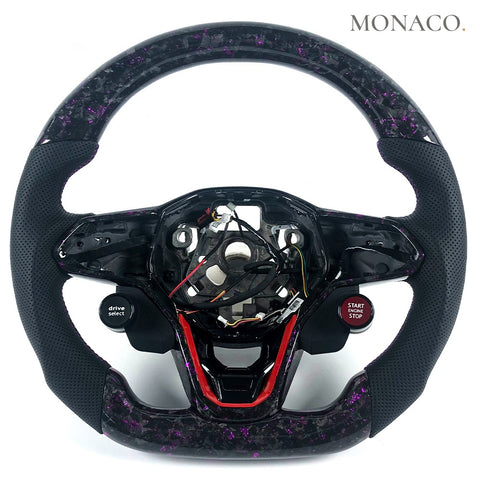 Custom carbon fiber steering wheel for Volkswagen Golf GTI Mk8 Tiguan (2022–2024): Perforated Leather Purple Forged Carbon