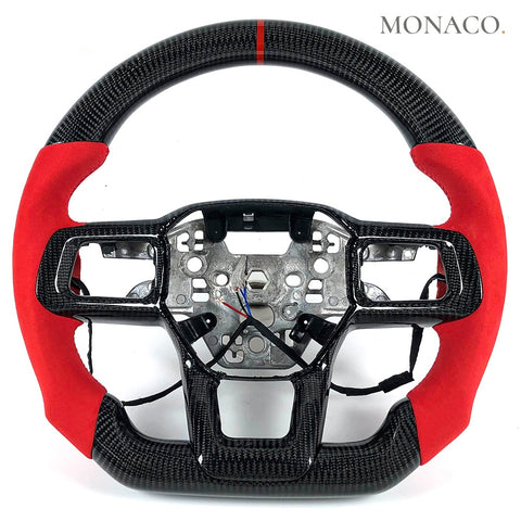 Custom carbon fiber steering wheel for Ford Mustang GT S650 (2024–2025): Red Suede Carbon