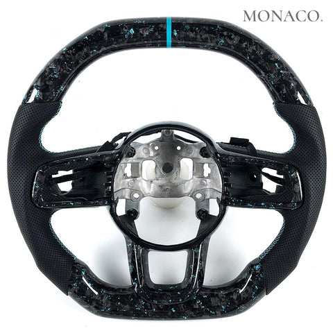 Custom carbon fiber steering wheel for Jeep Wrangler JL Gladiator Grand Cherokee (2020–2022): Perforated Leather Blue Forged Carbon