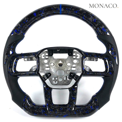 Custom carbon fiber steering wheel for Ford Mustang GT S650 (2024–2025): Black Suede Blue Forged Carbon