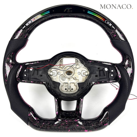 Custom carbon fiber steering wheel for Volkswagen Golf GTI Golf R Mk6 Mk7 (2010–2019): LED Pink Forged Carbon