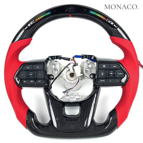 Custom carbon fiber steering wheel for Toyota Land Cruiser Prado LC200 LC300 GR (2008–2025): Red Perforated Leather LED Carbon
