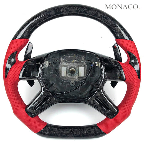 Custom carbon fiber steering wheel for Mercedes-Benz G-Class G63 G65 GL GL550 CLK W209 E-Class W212 (2003–2018): Red Perforated Leather Forged Carbon