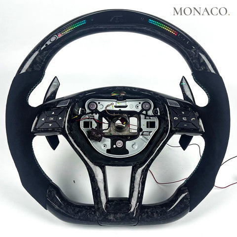 Custom carbon fiber steering wheel for Mercedes-Benz AMG CLS W218 C63 W204 CLA W117 E-Class W212 W207 (2008–2018): LED Forged Carbon