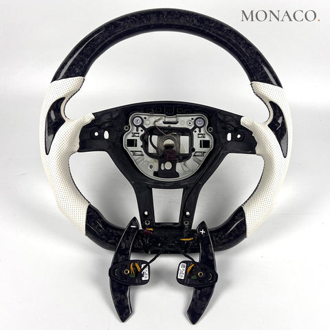 Custom carbon fiber steering wheel for Mercedes-Benz C-Class W204 C300 C63 E-Class W212 E350 AMG (2008–2014): White Perforated Leather Forged Carbon