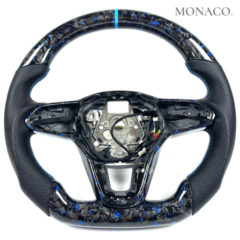 Custom carbon fiber steering wheel for Volkswagen Golf GTI Mk8 Tiguan (2022–2024): Perforated Leather Blue Powder Forged Carbon
