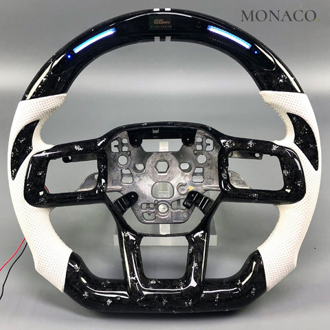 Custom carbon fiber steering wheel for Ford Mustang GT S650 (2024–2025): White Perforated Leather Forged Carbon