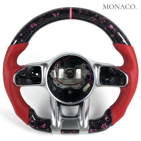 Custom carbon fiber steering wheel for Mercedes-Benz AMG C-Class W204 W205 C63 C300 E63 S63 GLC GT R (2008–2021): Red Smooth Leather Forged Carbon