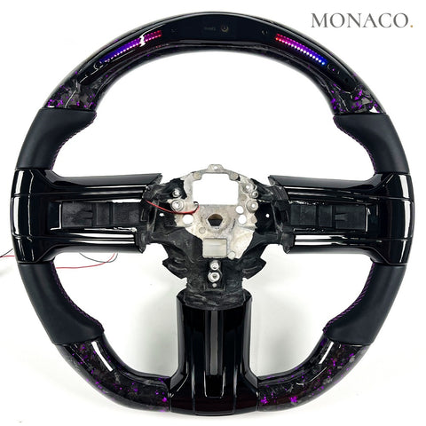 Custom carbon fiber steering wheel for Ford Mustang (2010–2013): Black Smooth Leather LED Forged Carbon